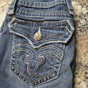 Rock Revival Blue Embroidered Boot Cut Jeans with Fleur Button